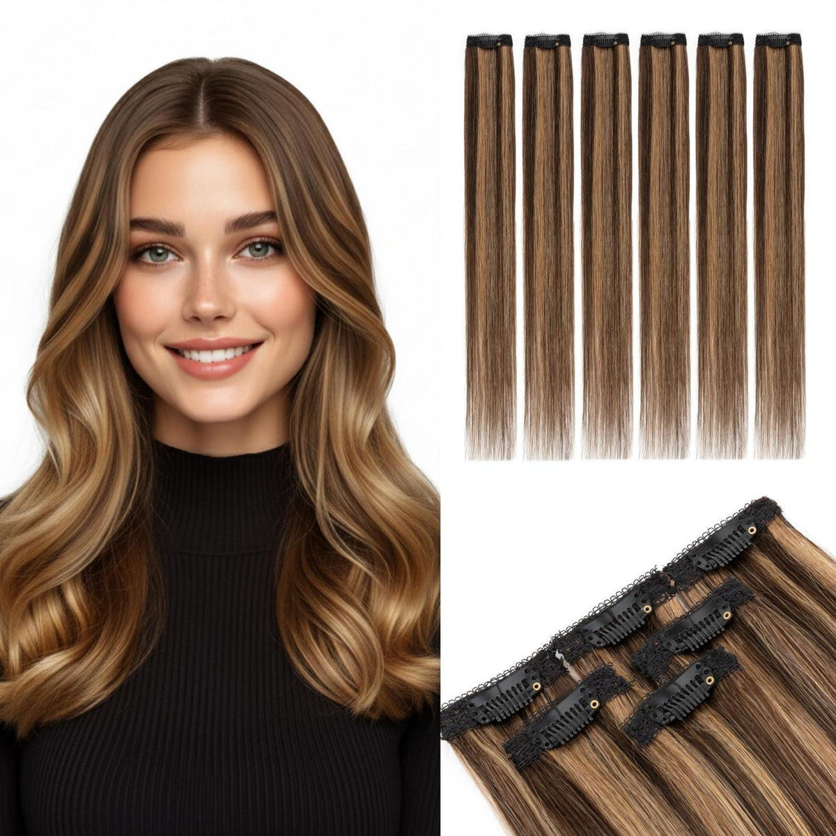 Clip-In Haarverlängerung Echthaar Dunkel Braun/Hellbraun 40cm