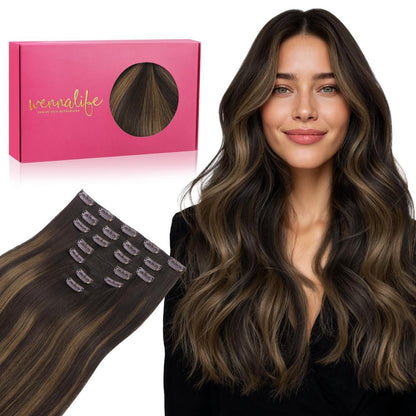 Clip in Echthaarverlängerung Dunkelbraun-Kastanienbraun Balayage