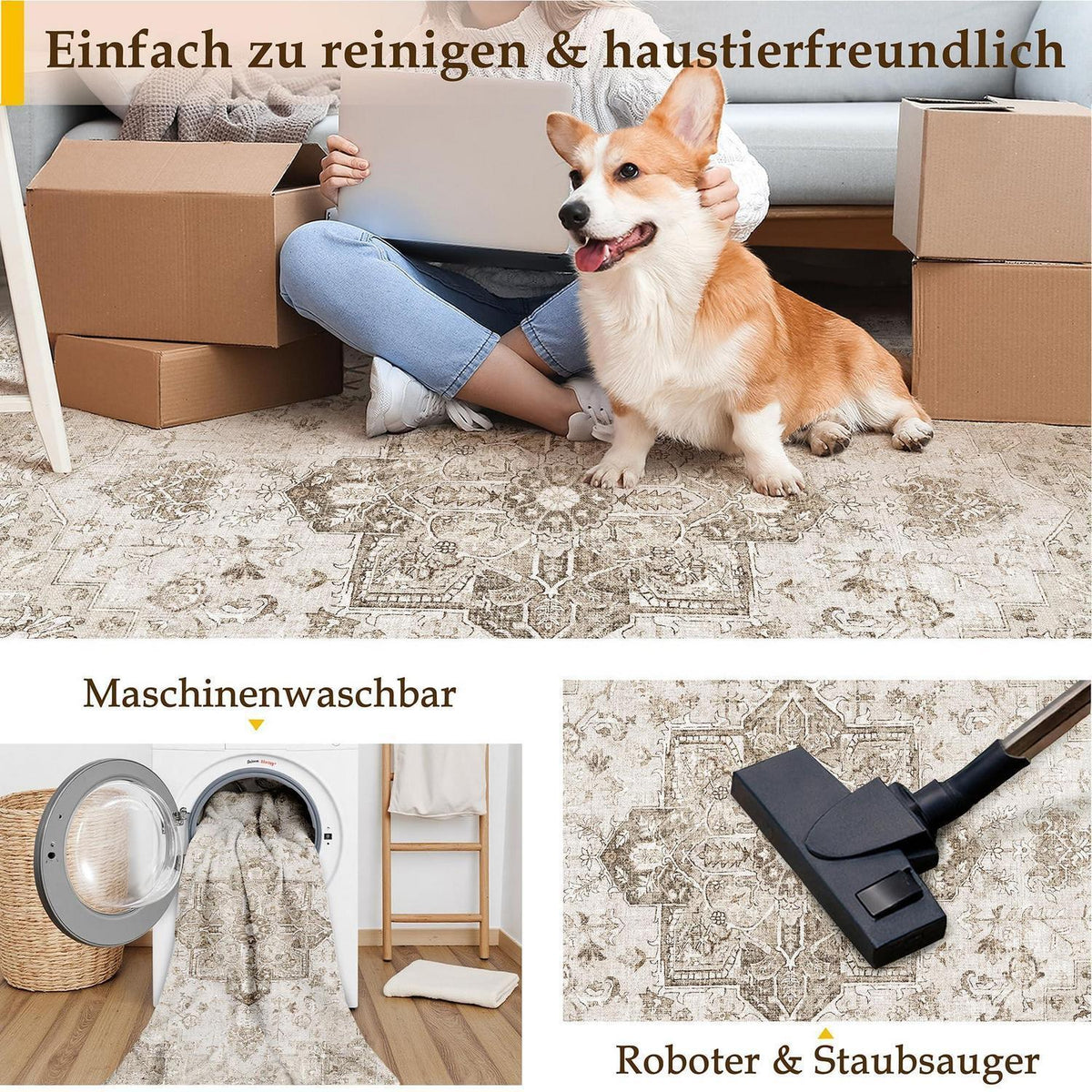 Vintage Läufer Beige 60x180cm – Waschbarer Teppich für Flur