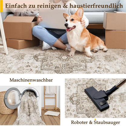 Vintage Teppich Beige 300x400cm Waschbar Rechteckig Wohnzimmer