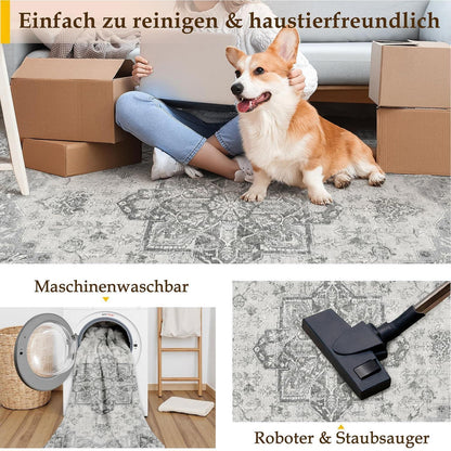 Vintage Teppich Grau 300x400cm Waschbar Rechteckig Wohnzimmer