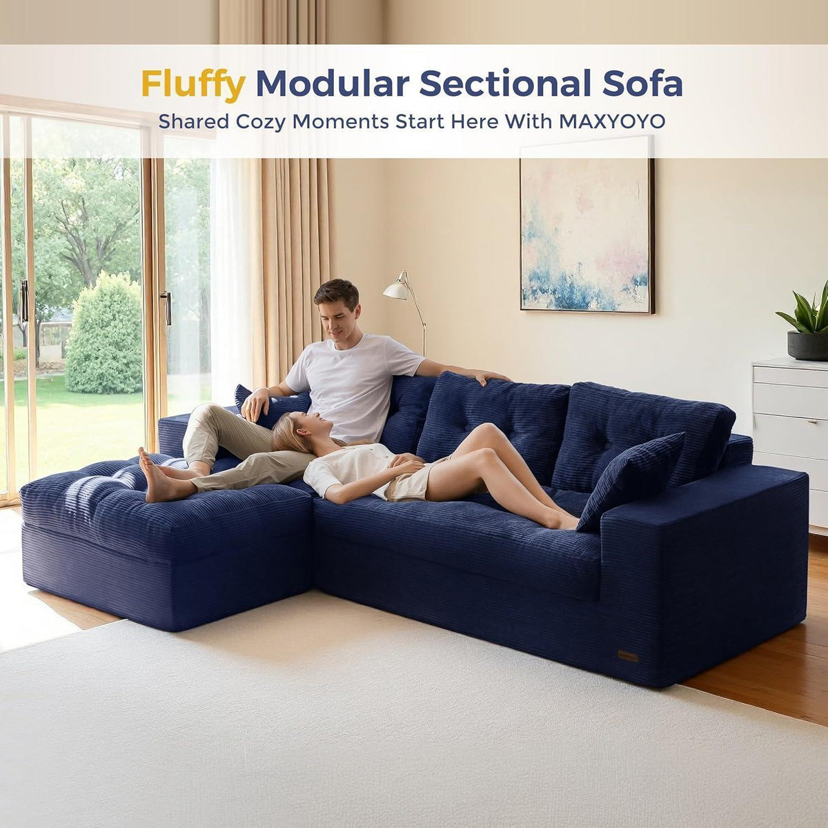 L-förmiges Cord Sofa mit Schlaffunktion – Dunkelblau, 264x171 cm