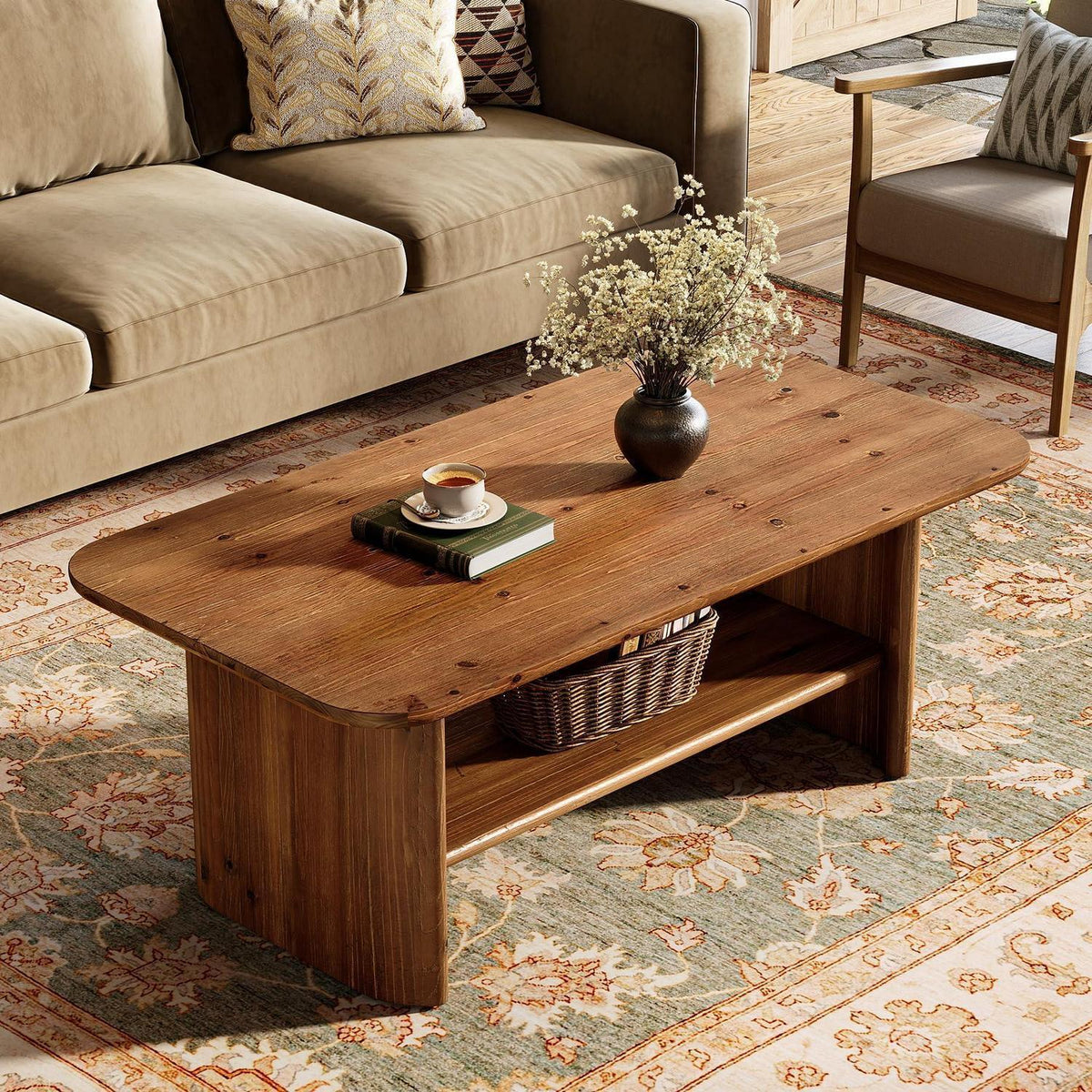 Massivholz Couchtisch mit Stauraum – Rustikaler Wohnzimmertisch 120cm