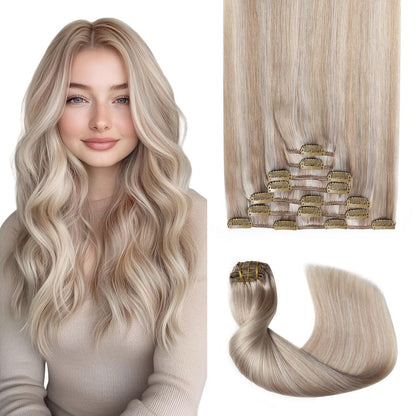 Clip-in Haarverlängerung Echthaar 50cm Aschblond Highlight #18p1000