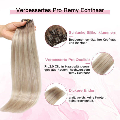 Clip-in Haarverlängerung Echthaar Ombre Braun-Blond 50cm