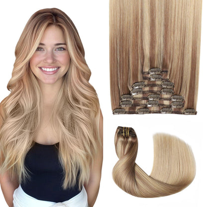 Echthaar Clip-in Extensions #10/16/16 Hellbraun mit Goldblond 45cm