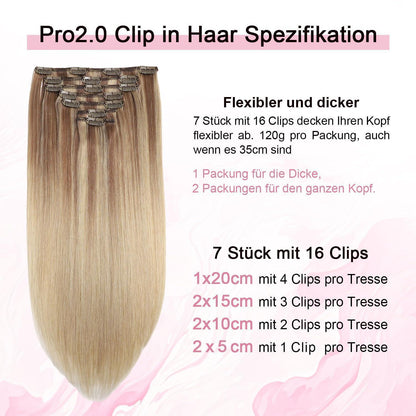 Echthaar Clip-in Extensions #10/16/16 Hellbraun mit Goldblond 45cm