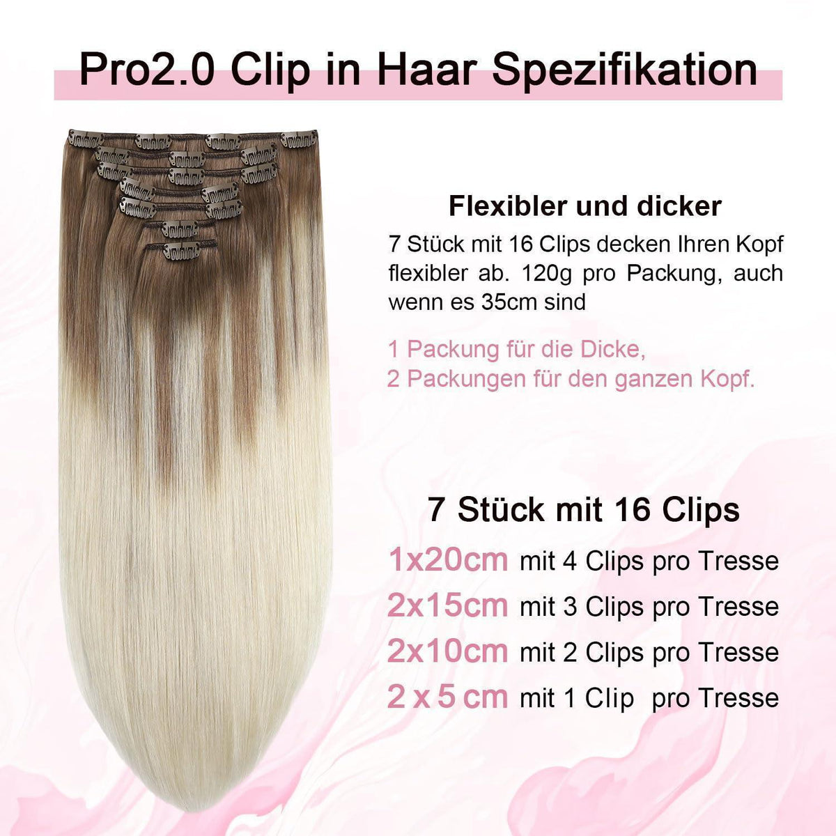 Clip-in Haarverlängerung Echthaar #8/60 Hellbraun-Blond 35cm