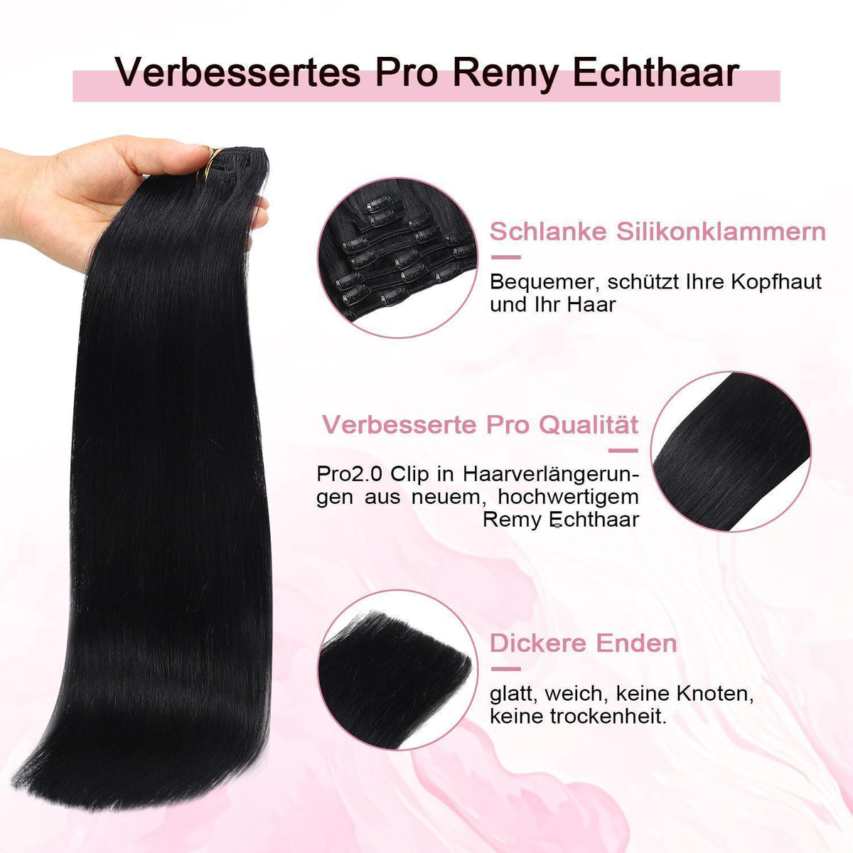 Remy Clip-in Haarverlängerung #1 Tief Schwarz 45cm Echthaar