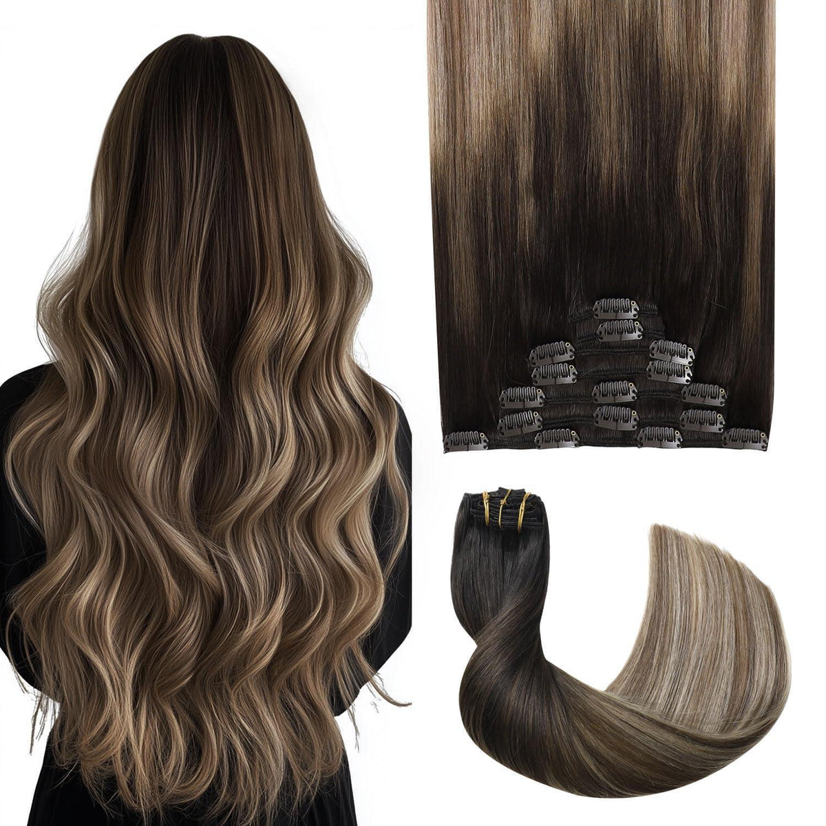 Clip-in Haarverlängerung Echthaar 55cm #1B/4/27 Balayage