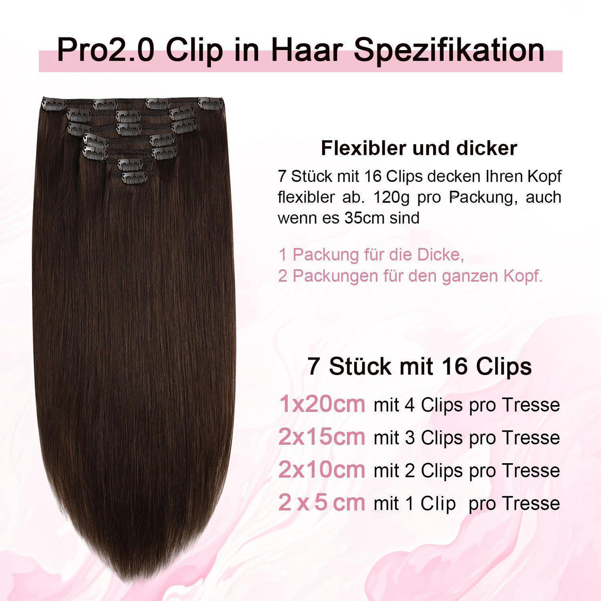 Remy Echthaar Clip-Ins #4 Mittel Braun, 40cm – 120g