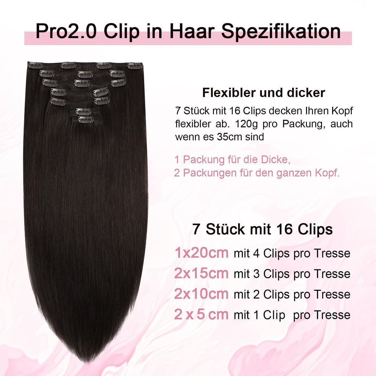 Echthaar Clip-Ins Dunkelbraun (#2) 55cm – 120g