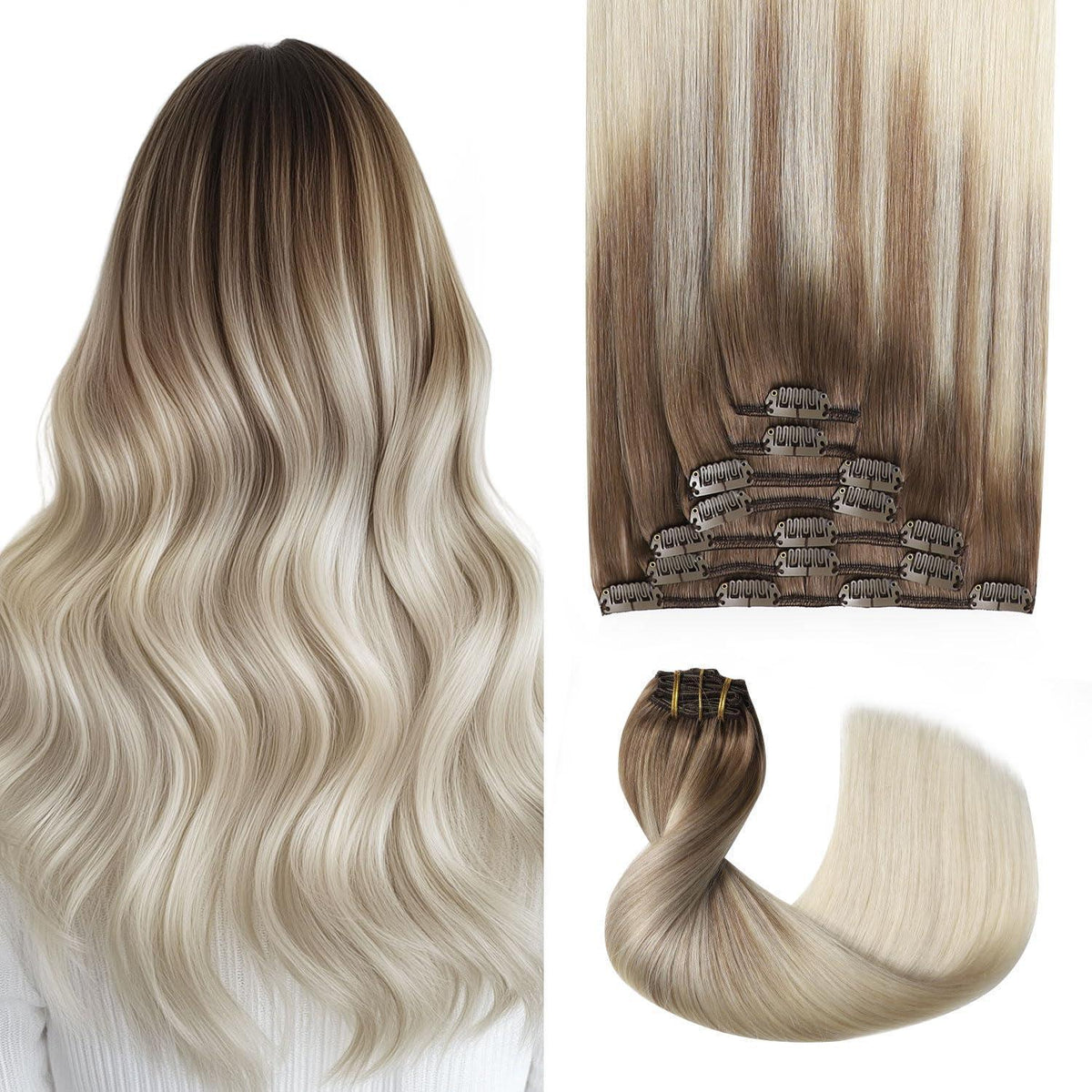 Clip-in Haarverlängerung Echthaar 50cm #8/60 Hellbraun-Blond