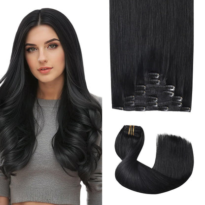Clip-in Haarverlängerung Echthaar 50cm #1 Tief Schwarz