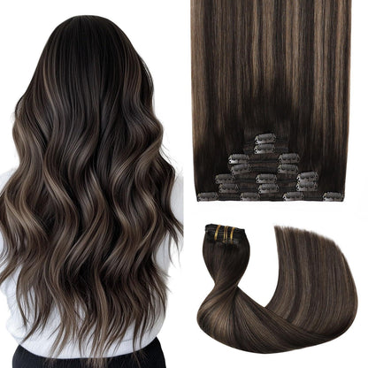Clip-in Haarverlängerung Echthaar Dunkelbraun-Mittelbraun 55cm