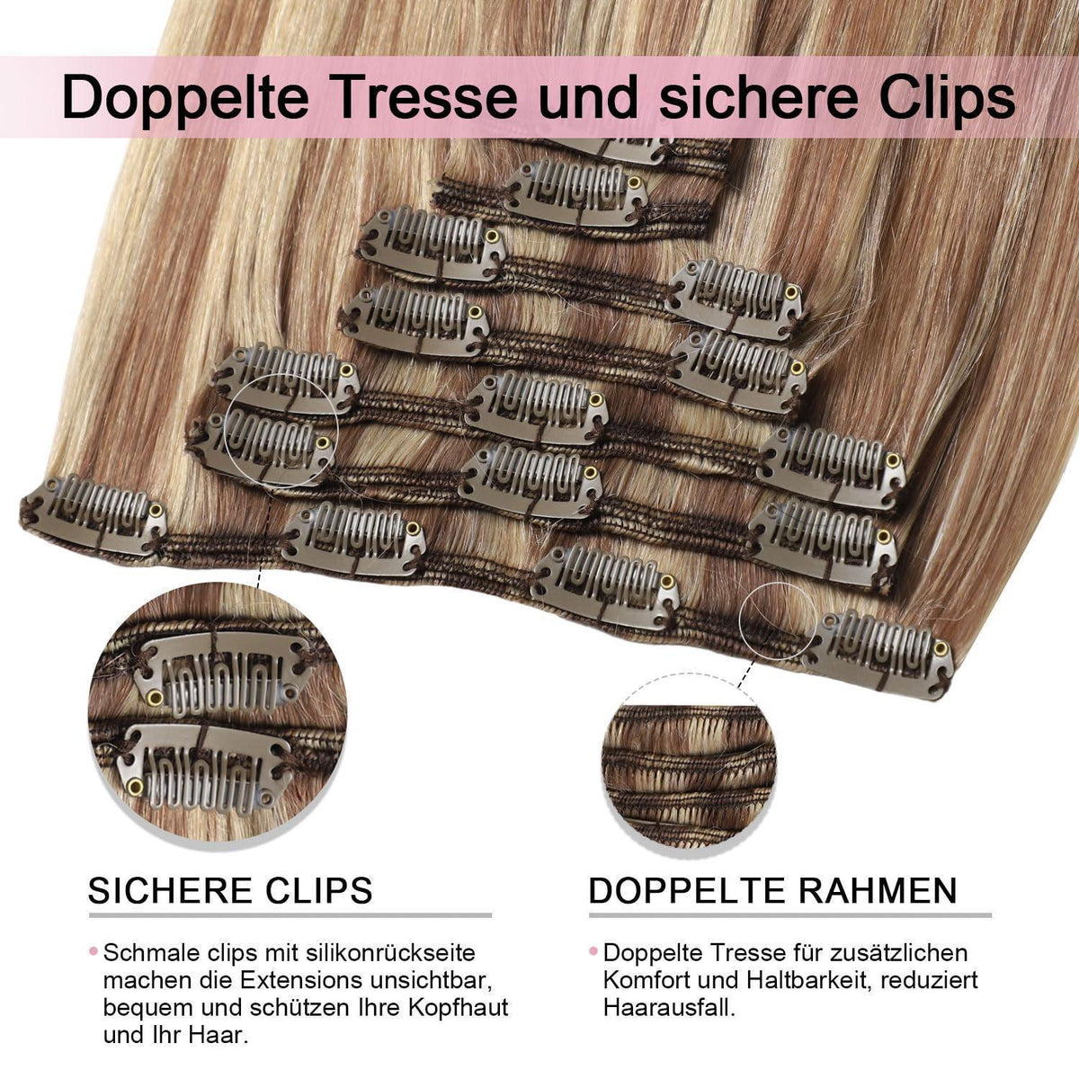 Remy Echthaar Clip-Ins #10/16/16 Hellbraun mit Goldblond, 40cm