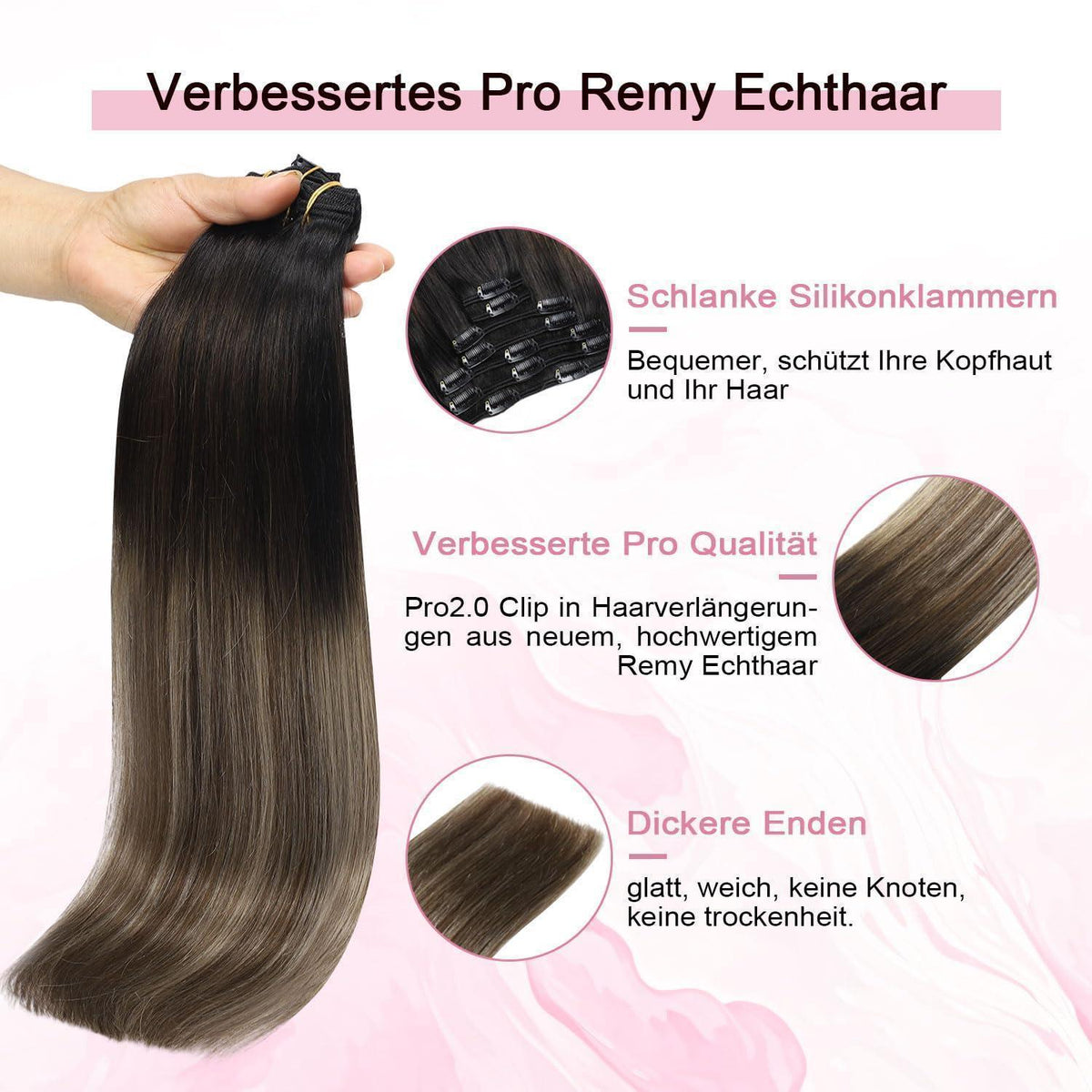 Clip-in Haarverlängerung Echthaar 50cm #1B/4/27 Balayage