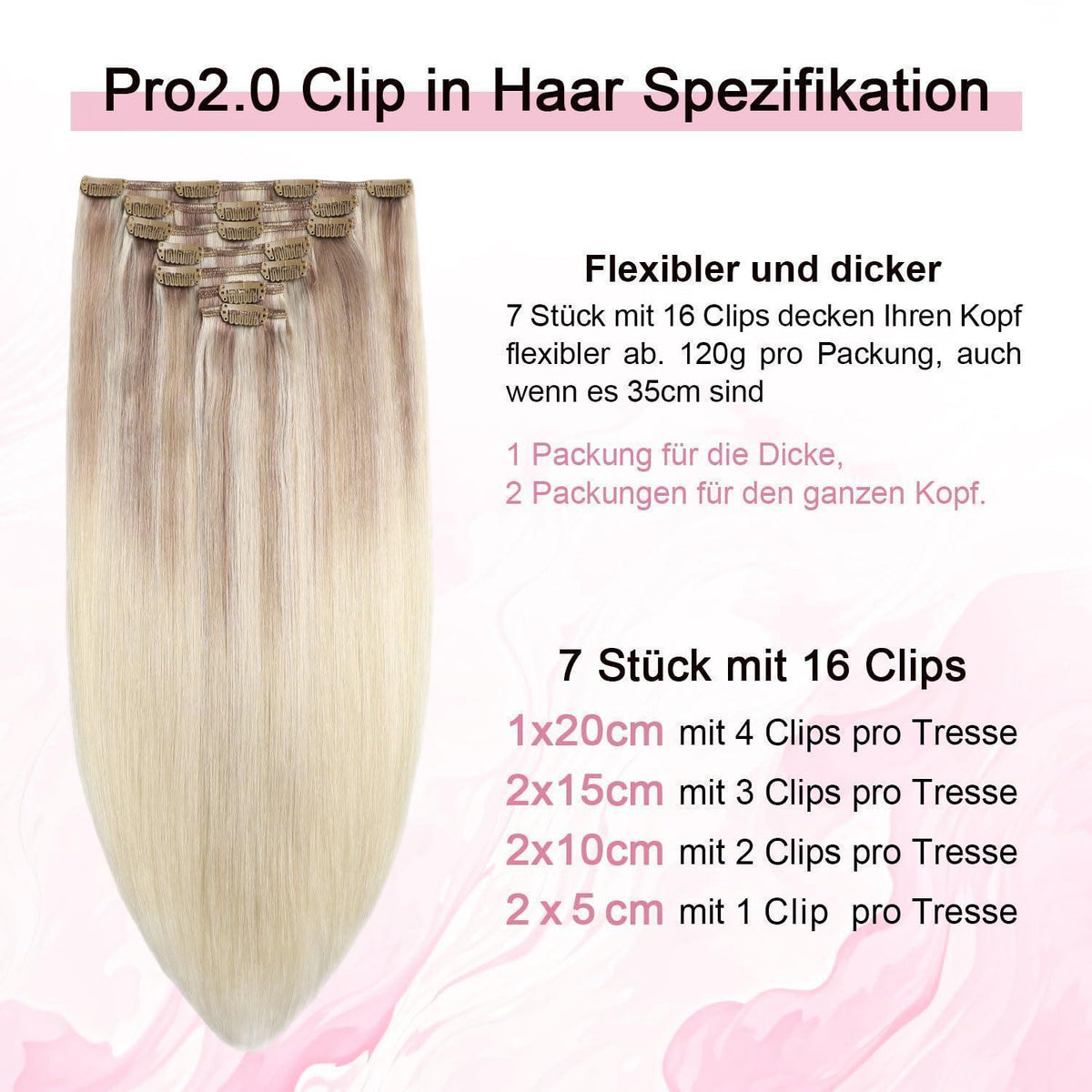 Clip-in Haarverlängerung Echthaar 50cm Aschblond bis Goldblond