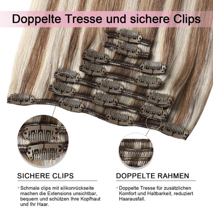 Clip-in Haarverlängerung Echthaar 55cm #8p60 Hellbraun