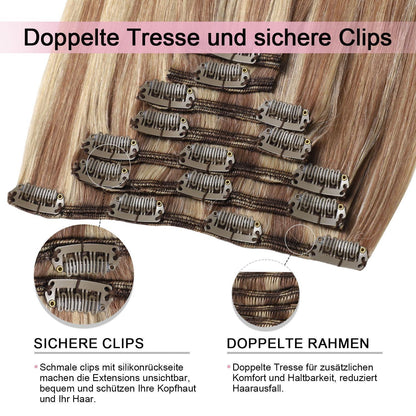 Clip-in Haarverlängerung Echthaar – Hellbraun mit Goldblond (55cm)