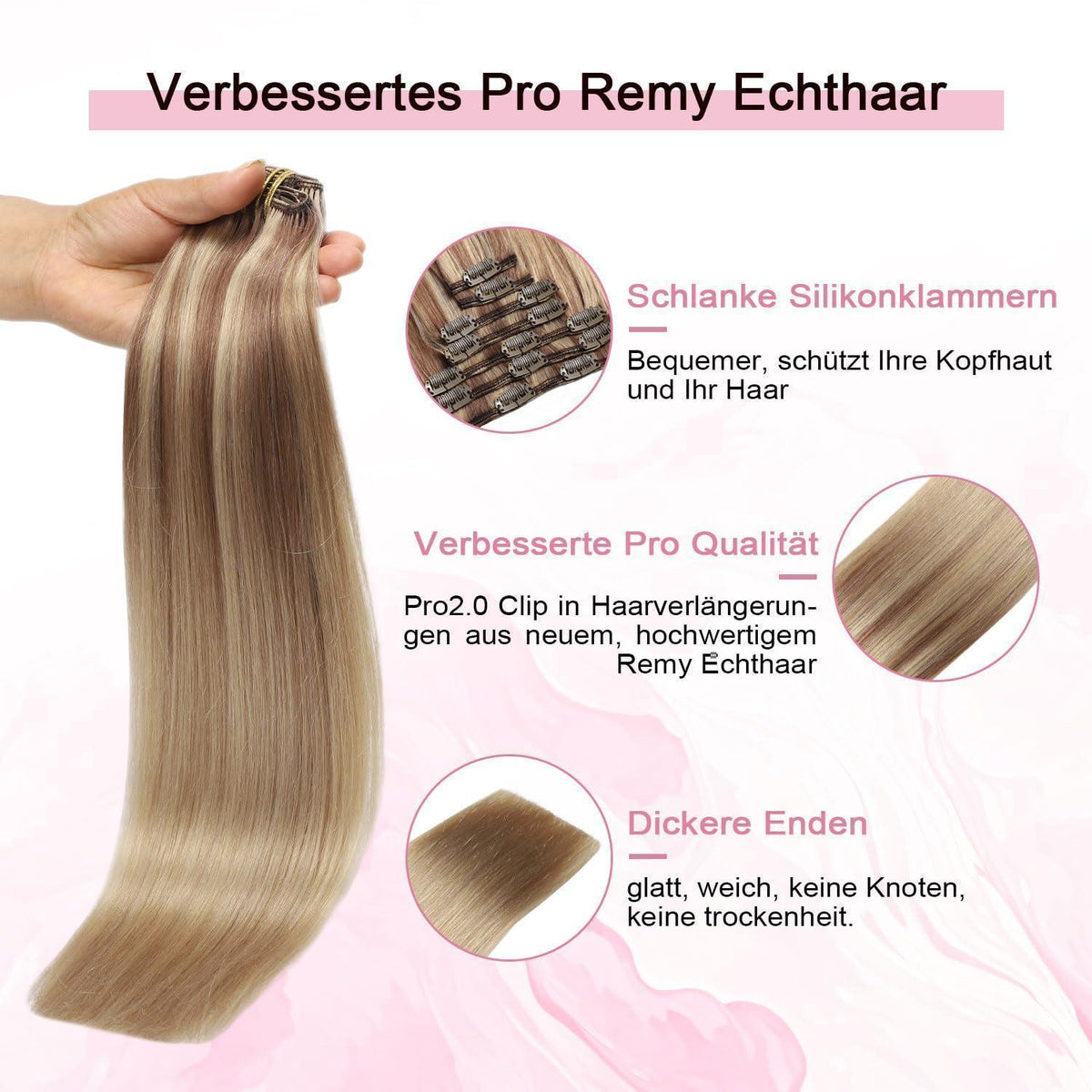 Clip-in Haarverlängerung Echthaar – Hellbraun mit Goldblond (55cm)