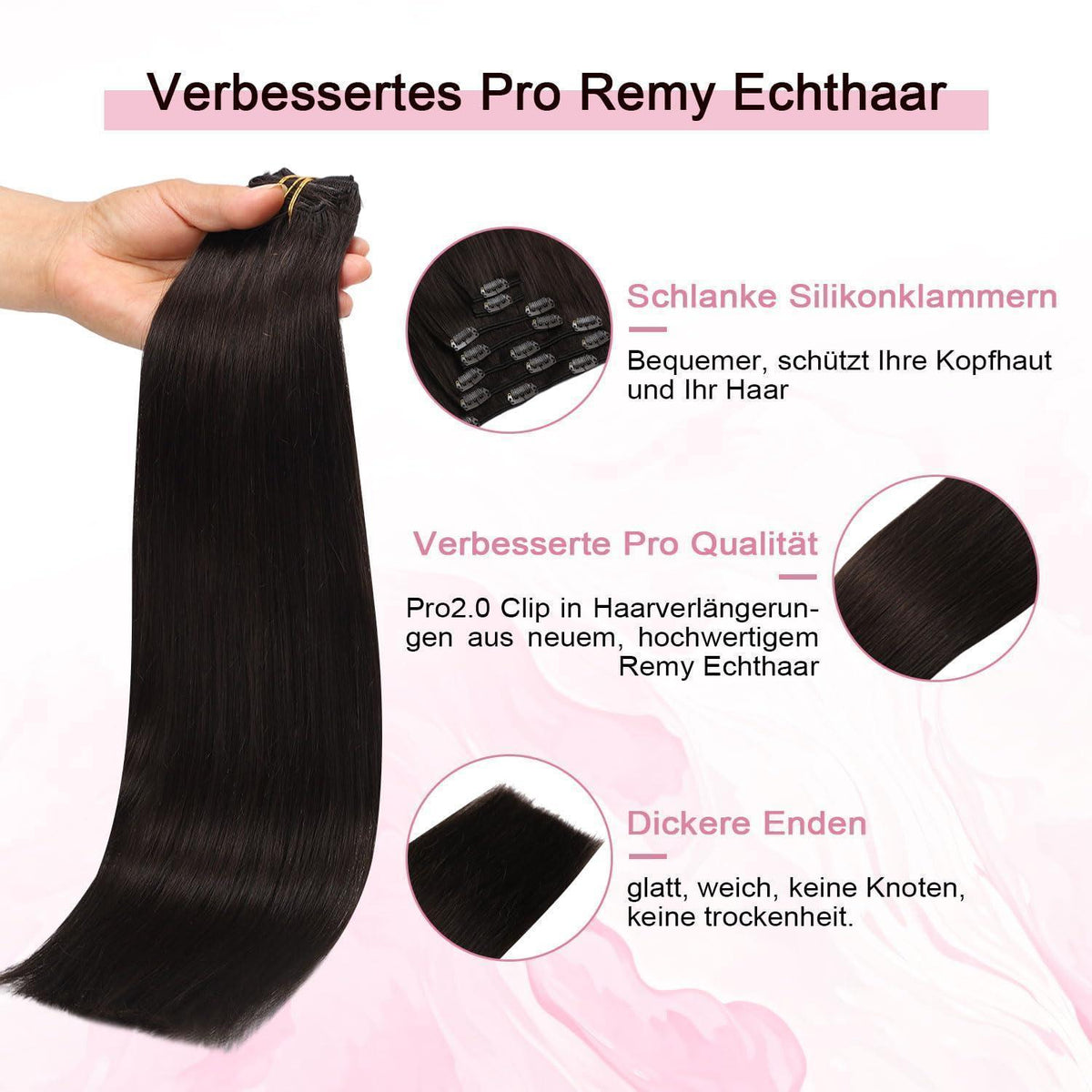 Remy Echthaar Clip-Ins Dunkelbraun #2 – 45cm, 120g