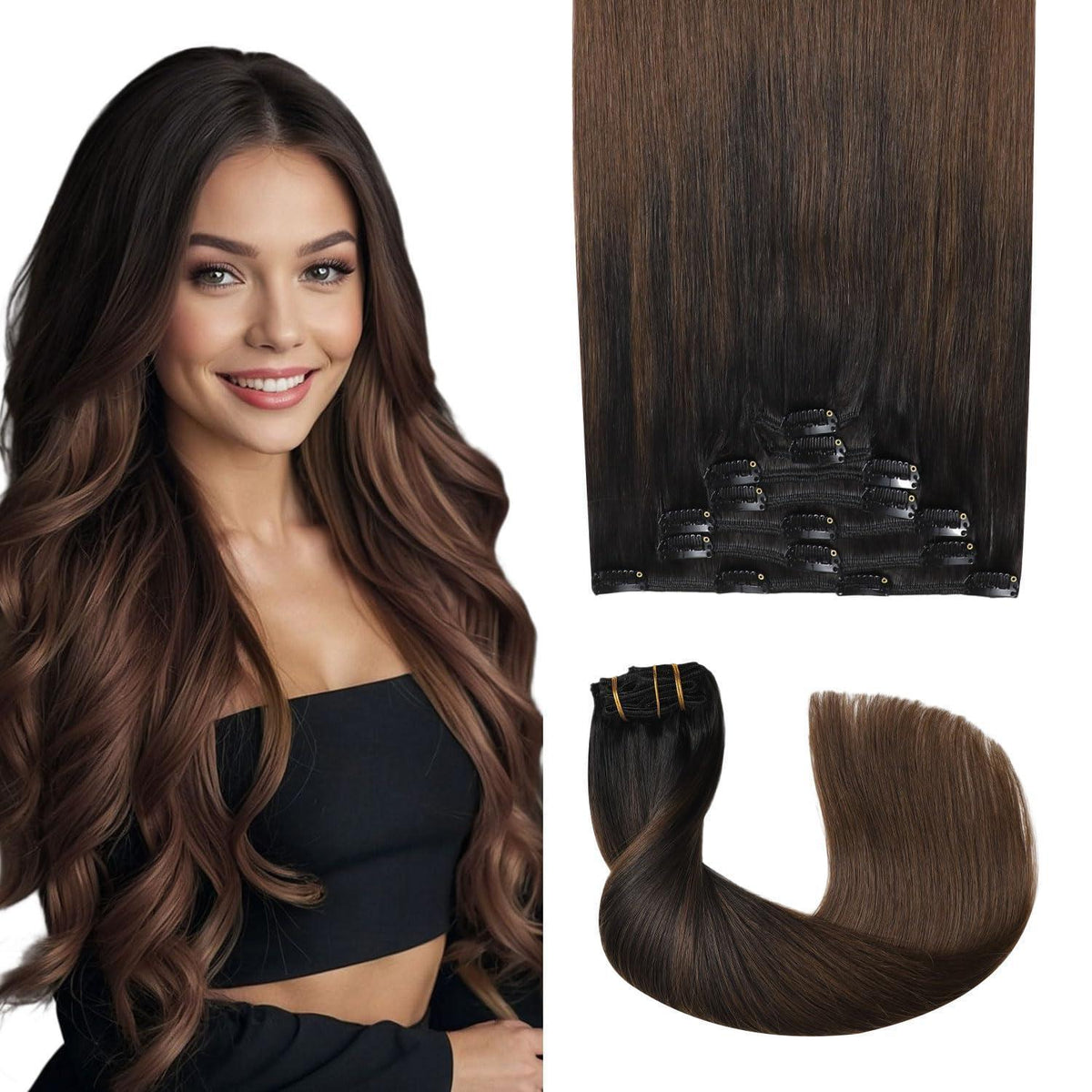 Clip-in Haarverlängerung Echthaar 50cm #1BT4 Natürlich Schwarz