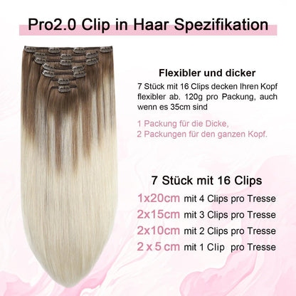 Clip-in Haarverlängerung Echthaar 55cm #8/60 Hellbraun-Blond