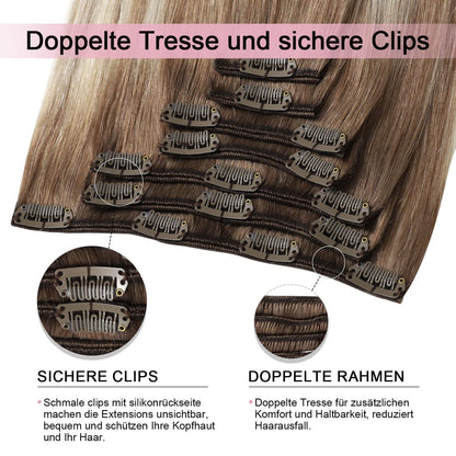 Clip-in Haarverlängerung Echthaar 55cm #8/60 Hellbraun-Blond