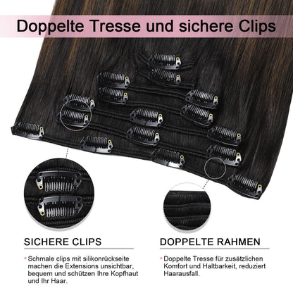 Remy Clip-in Haarverlängerung #1BT4 – 45cm Echthaar