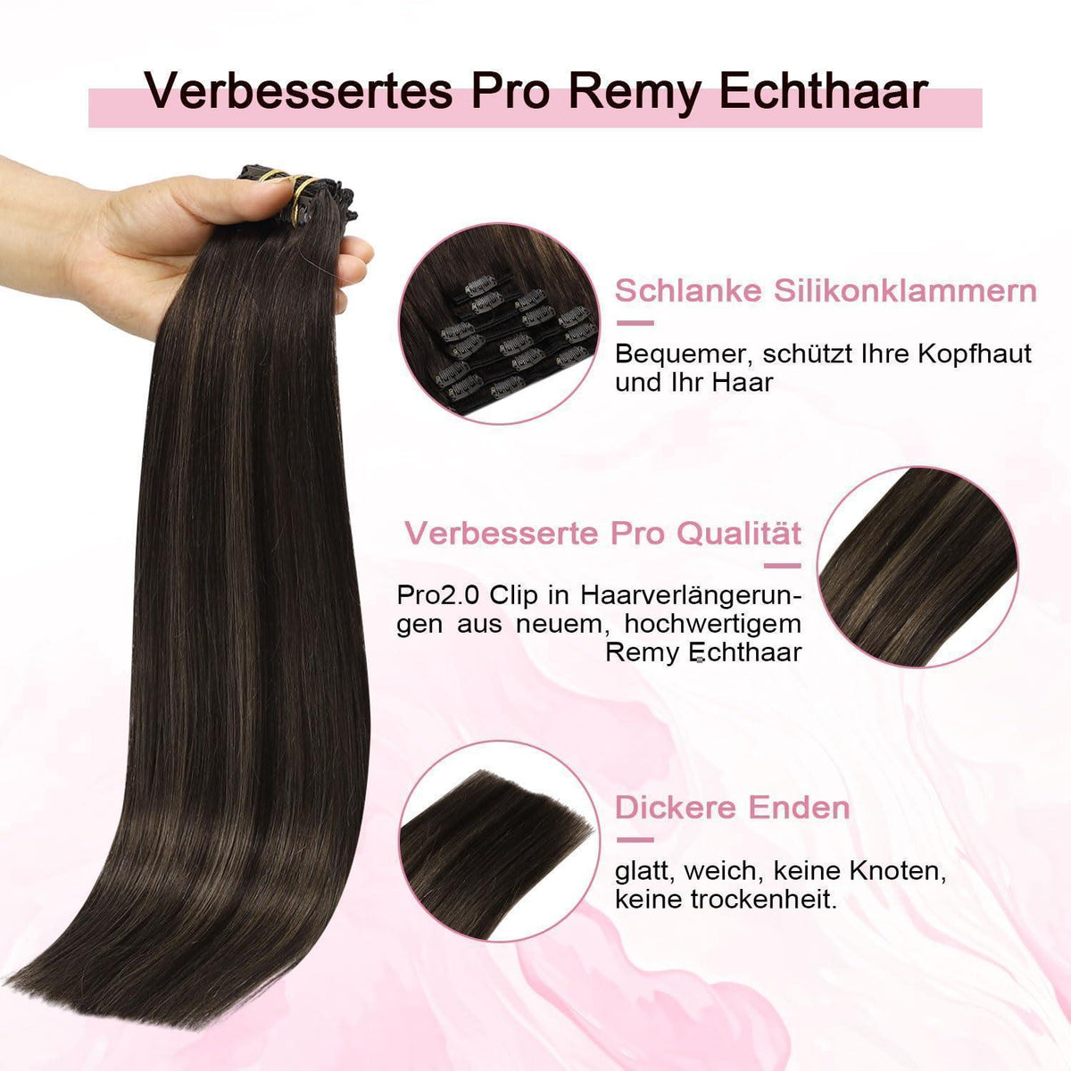 Clip-in Haarverlängerung Echthaar Dunkelbraun #2/6/2 (50cm)