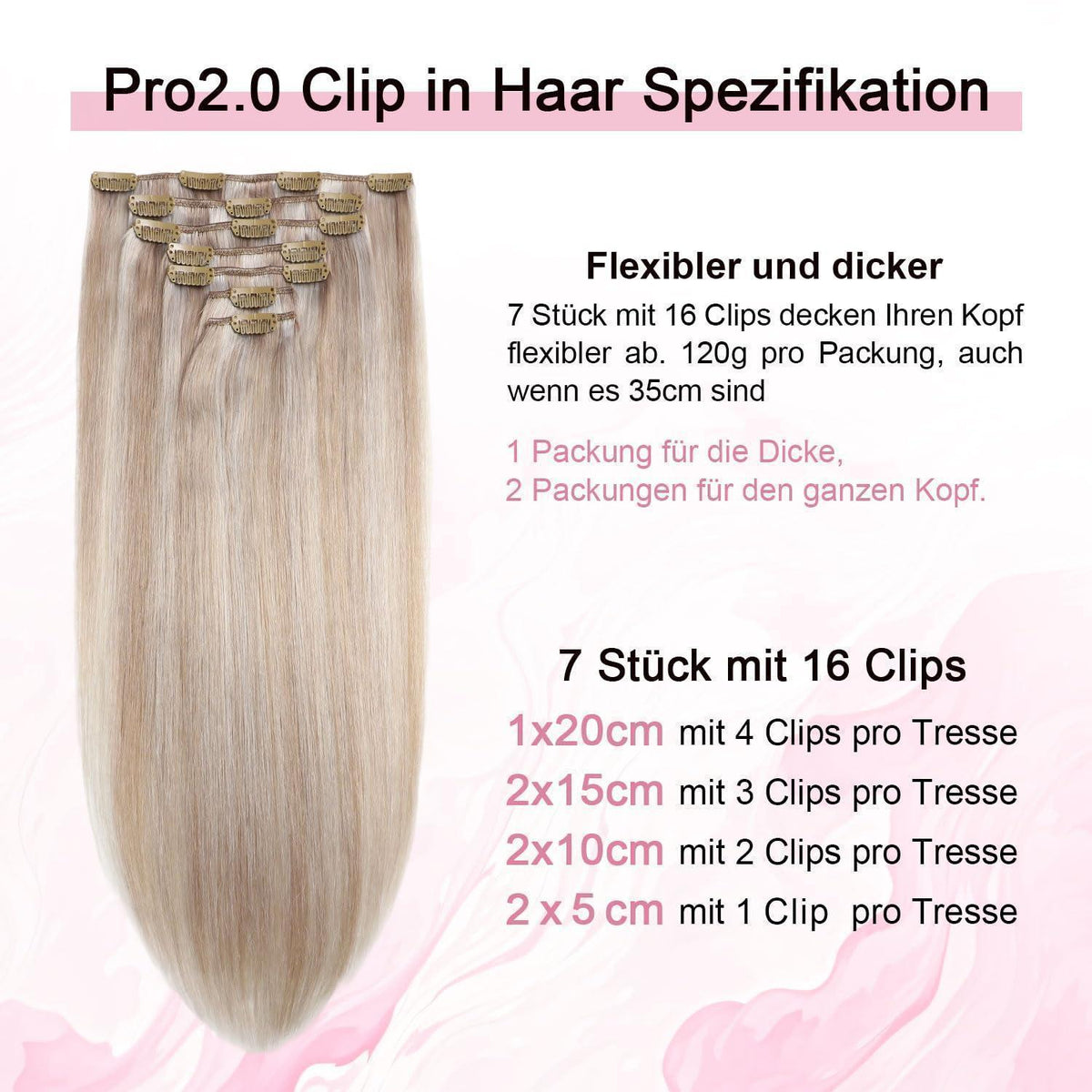 Echthaar Clip-Ins 55cm Aschblond Highlight #18p1000