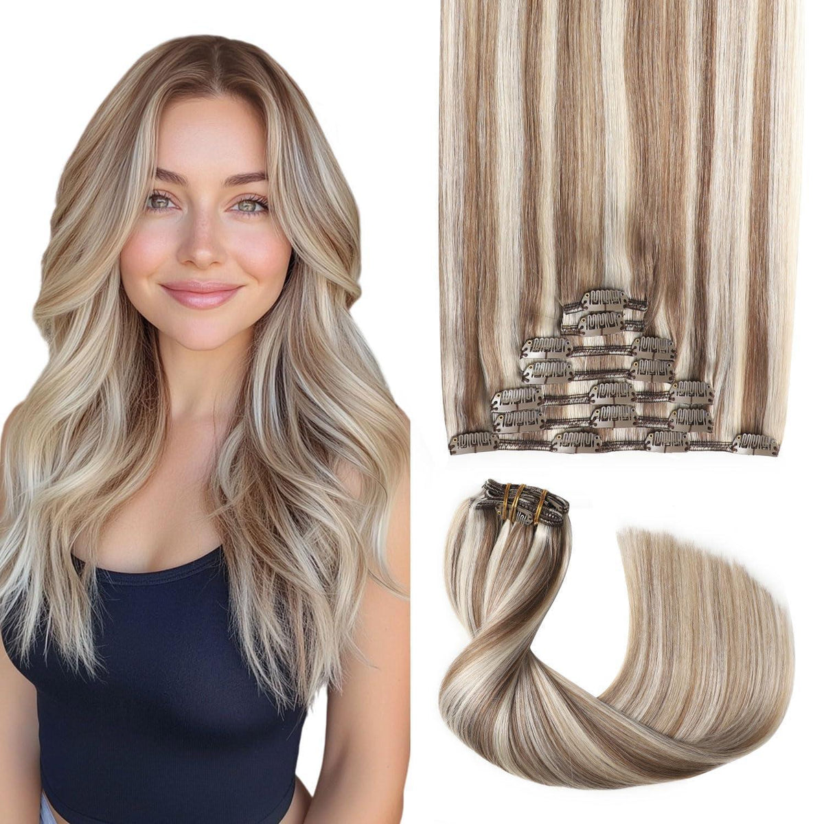Clip-in Haarverlängerung Echthaar 50cm #8p60 Hellbraun Blond