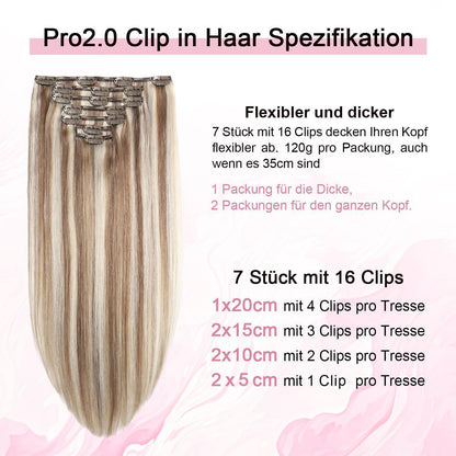 Clip-in Haarverlängerung Echthaar 50cm #8p60 Hellbraun Blond