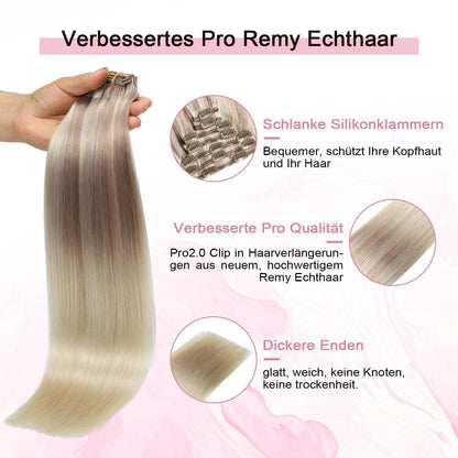 Clip-in Haarverlängerung Echthaar 55cm Aschblond bis Goldblond