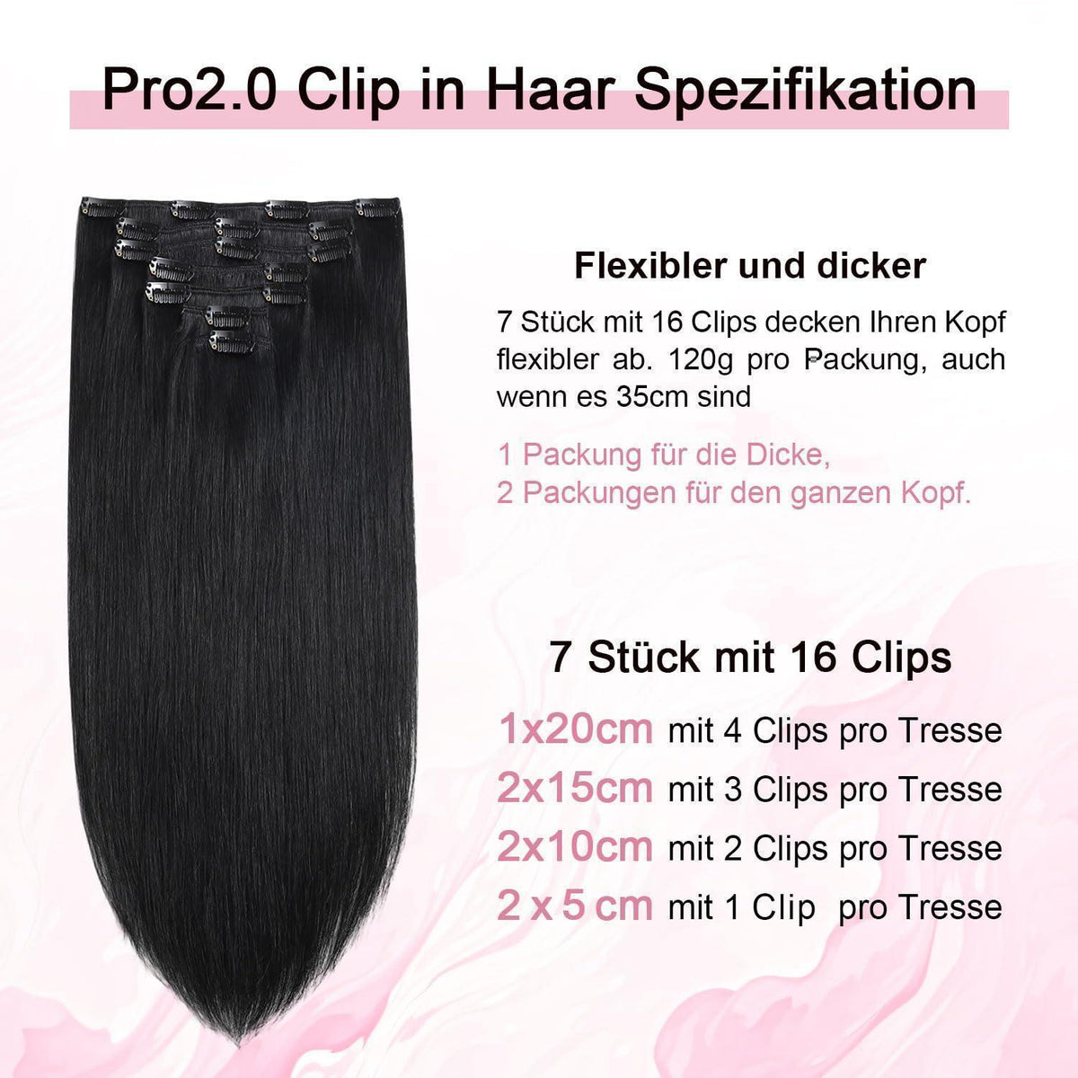 Clip-in Haarverlängerung Echthaar, 55cm, #1 Tief Schwarz