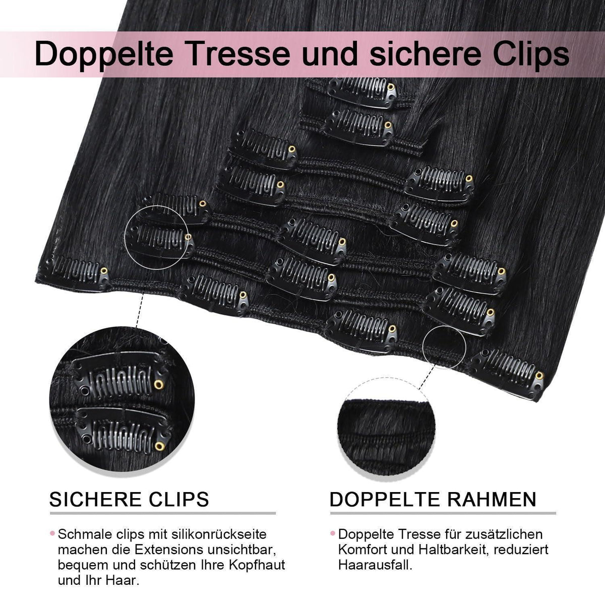 Clip-in Haarverlängerung Echthaar, 55cm, #1 Tief Schwarz