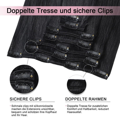 Clip-in Haarverlängerung Echthaar Schwarz 35cm (120g, 7 Stück)