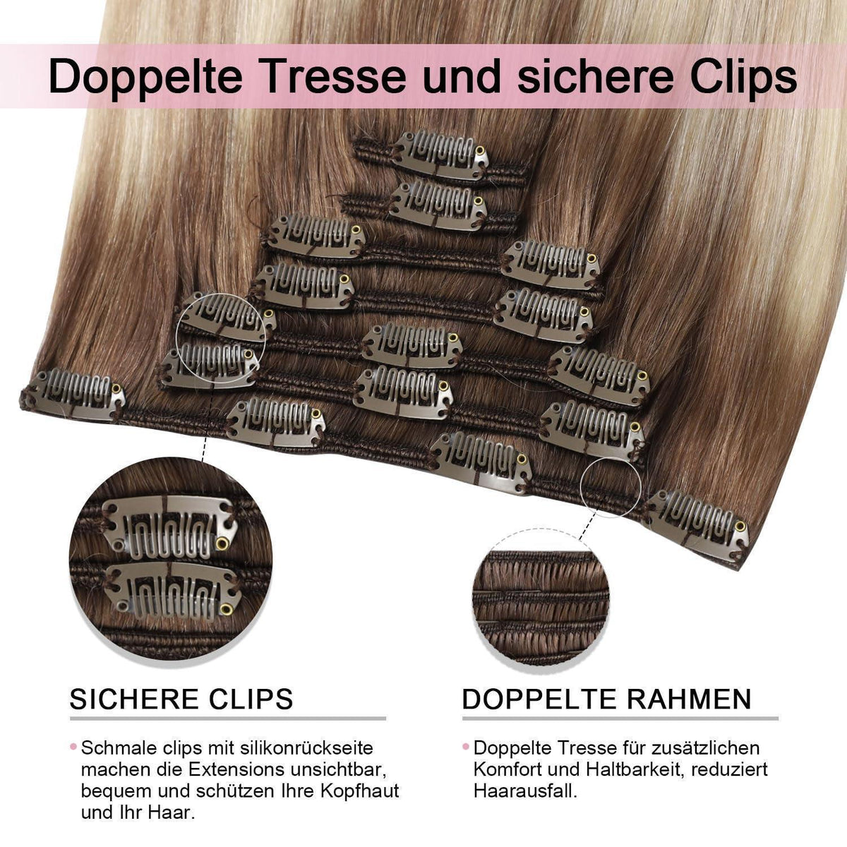 Clip-in Haarverlängerung Echthaar Ombre Braun-Blond 35cm