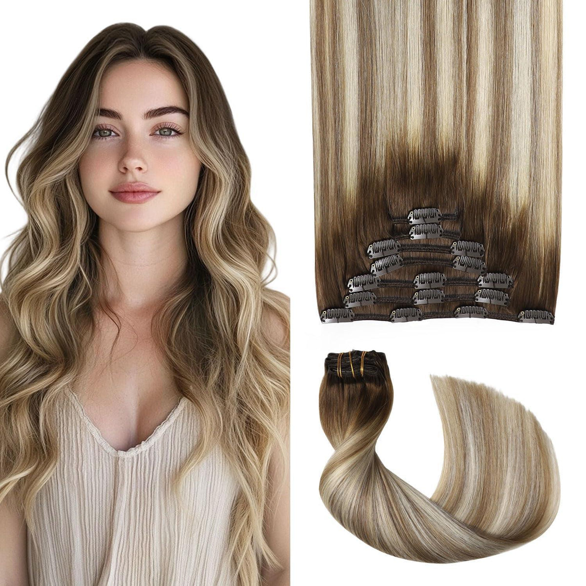 Clip-in Haarverlängerung Echthaar 35cm #3/8/22 Walnuss Braun