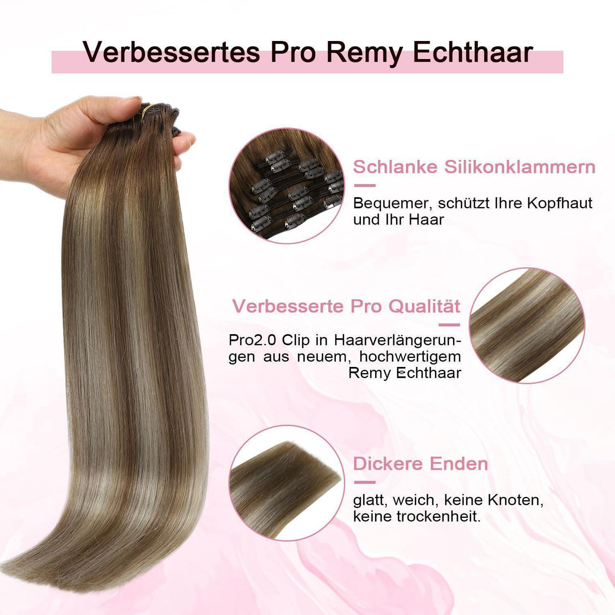 Clip-in Haarverlängerung Echthaar 35cm #3/8/22 Walnuss Braun