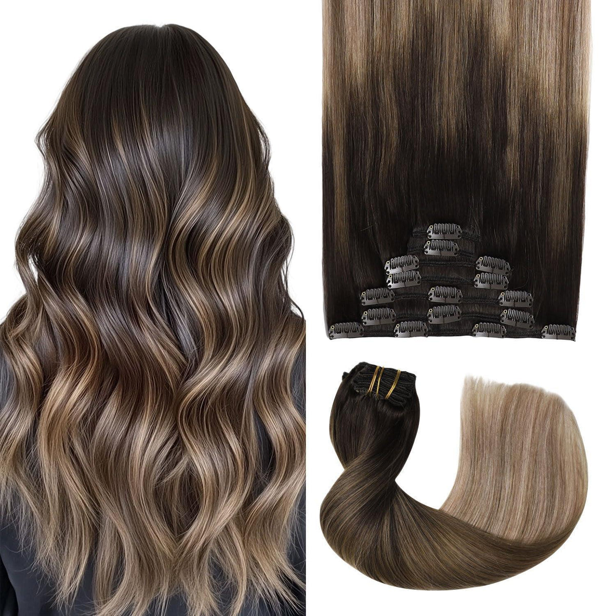 Clip-in Haarverlängerung Echthaar Dunkelbraun bis Blond 35cm