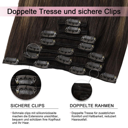 Clip-in Haarverlängerung Echthaar Dunkelbraun bis Blond 35cm
