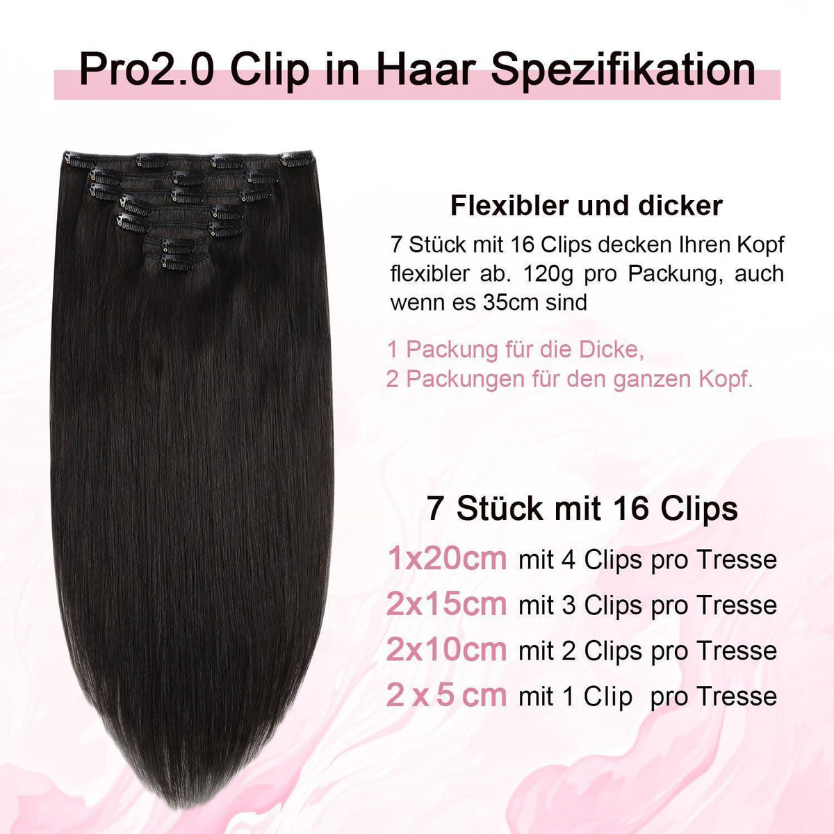 Clip-in Haarverlängerung Echthaar 120g #1B Schwarz 35cm