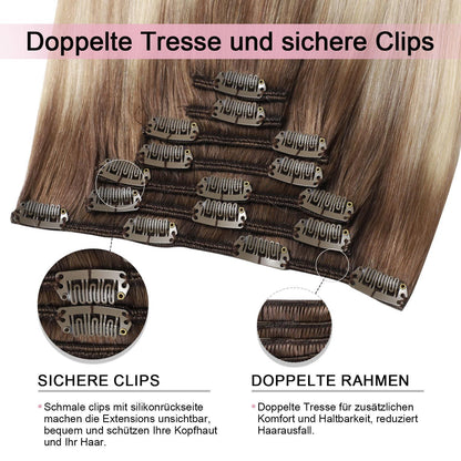 Clip-in Haarverlängerung Ombre Braun-Blond 55cm Echthaar