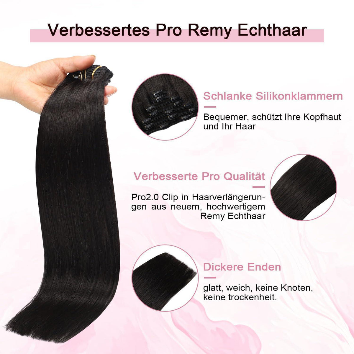 Clip-in Haarverlängerung Echthaar #1B Schwarz 45cm 120g