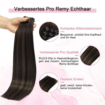 Clip-in Haarverlängerung Echthaar Dunkelbraun #2/6/2, 35cm