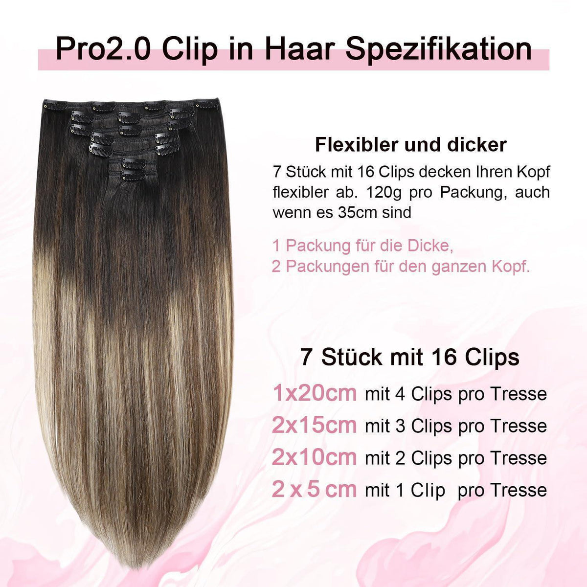 Remy Echthaar Clip-Ins #1B/4/27 Balayage 40cm