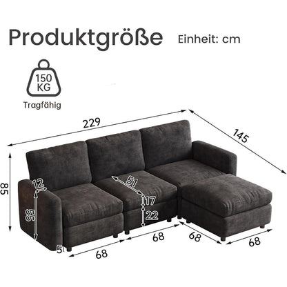Modulares Samtsofa mit Stauraumhocker – 4-Sitzer Couch