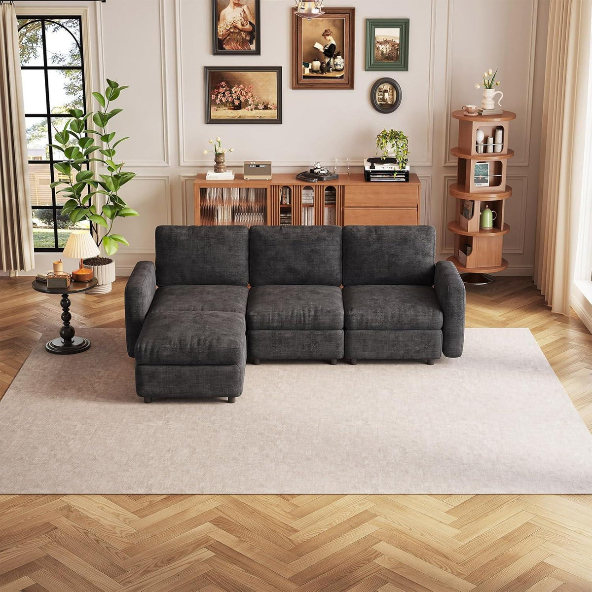 Modulares Samtsofa mit Stauraumhocker – 4-Sitzer Couch